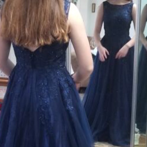 Navy Blue, High Neck, Embroidered, Gown - Picture 3 of 3